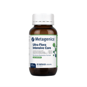 A bottle labeled "UltraFlora Intensive Care Probiotic 60 Capsules," a dietary supplement for gut health described as a microbiome restoration formula.